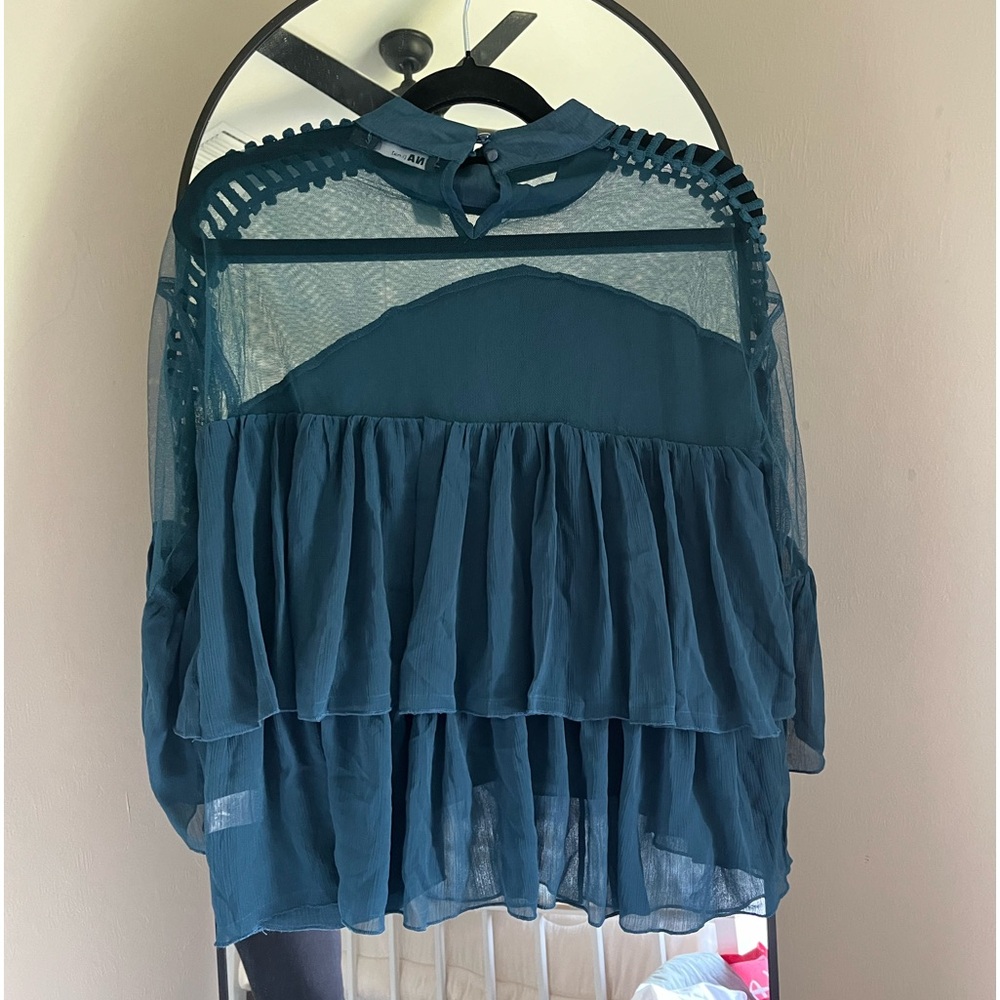 Ina Teal Ruffled Sheer Yoke Blouse - Picture 4 of 7